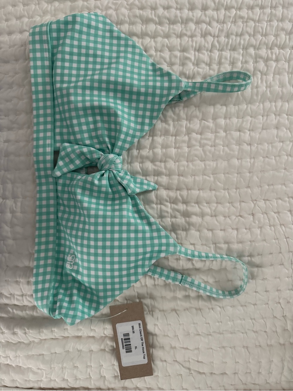 Gingham Tie-Front Bikini Top in Mint Green Check